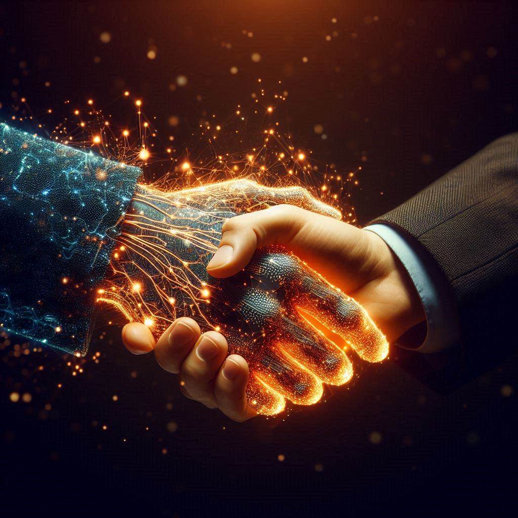 ERE CONNECT - Partenaire digital de proximité Serrage de main, l'une humaine et l'autre digitalsée symbolisant le partenariat digital de proximité.